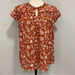 PAPERMOON NWT M Boho Rust Orange Keyhole Crepe Cap Sleeve Paisley Festival Top